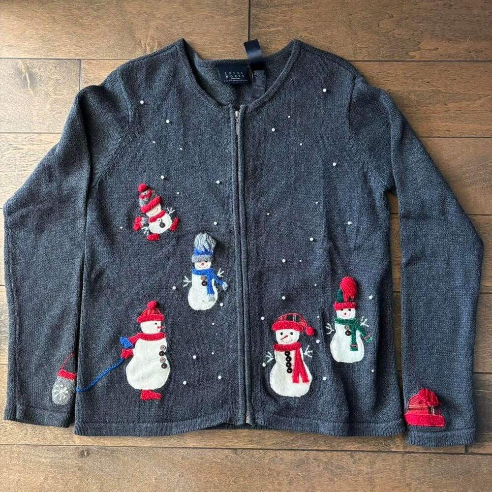 Women's Crazy Horse Snowman Christmas Holiday Sweater Cardigan Whimsy Winter S